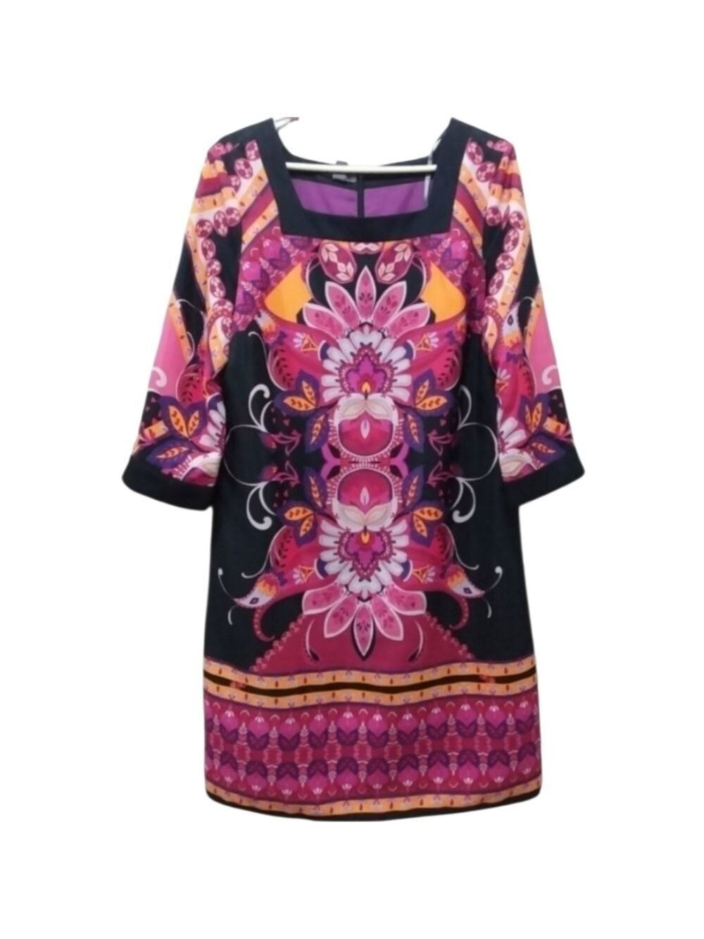 MUSE Jewel Tone Square Neck 3/4 Sleeve Midi Floral Print Dress Size 14